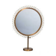 Sunburst Round Standing Framed Vanity Mirror with Antique Gold Brass Finish